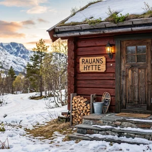 En rød trehytte i nydelig påskestemning med sol på vei ned.