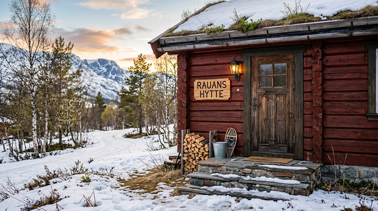 En rød trehytte i nydelig påskestemning med sol på vei ned.
